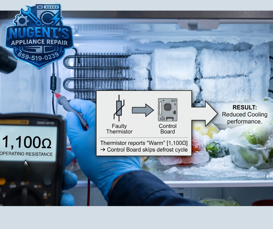 Nugent's Appliance Repair technician testing a faulty thermistor on a Bardstown refrigerator, showing a 1,100 ohm reading that was causing the freezer to skip its defrost cycle